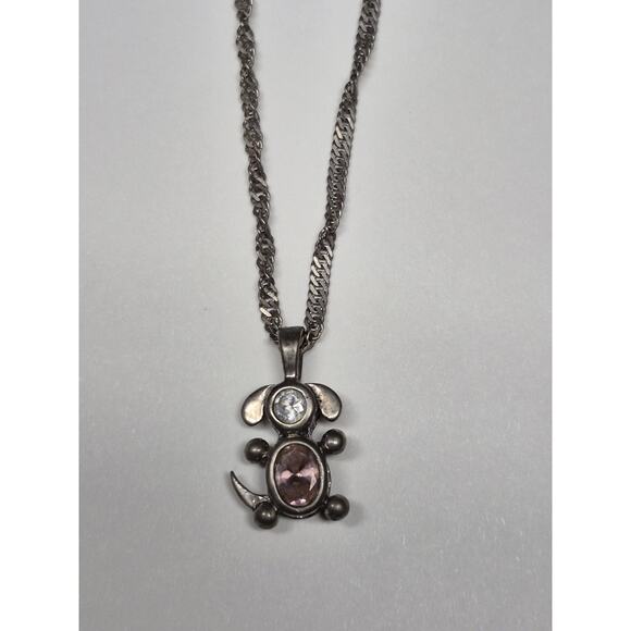 Small Sterling Silver Puppy Dog Necklace Pink And Clear Stones Chain 10" - Picture 2 of 6